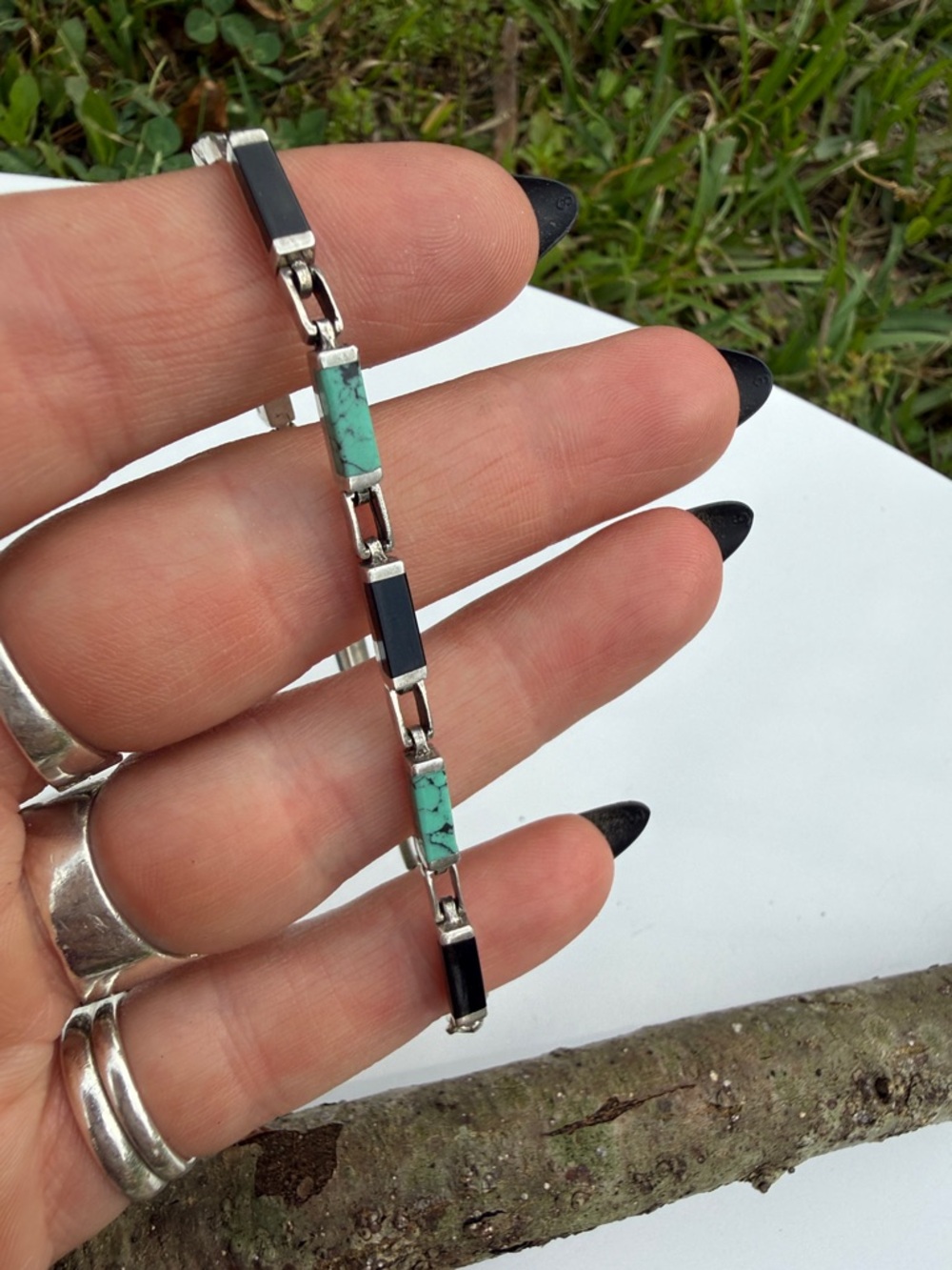 Turquoise and Onyx Stone Sterling Silver Navajo Link Bracelet - Women Jewelry